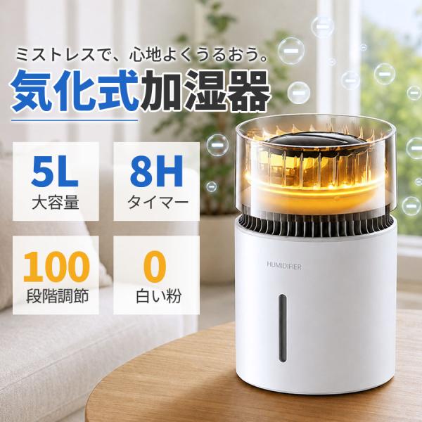 加湿器 気化式 5L 大容量 上部給水 ミストレス 100段階 加湿量調節 タイマー マイナスイオン...