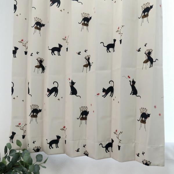 遮光カーテン かわいい猫柄 アイボリー 幅100cm×丈60cm2枚 日本製 プリーツが綺麗な形態安...