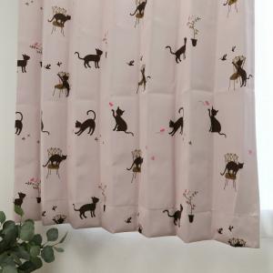 遮光カーテン かわいい猫柄 ピンク 幅125cm×丈130cm2枚 日本製 プリーツが綺麗な形態安定加工