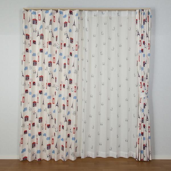 カーテン4枚セット かわいい 猫柄 ドレープ幅100cm×丈135cm2枚 レース幅100cm×丈1...