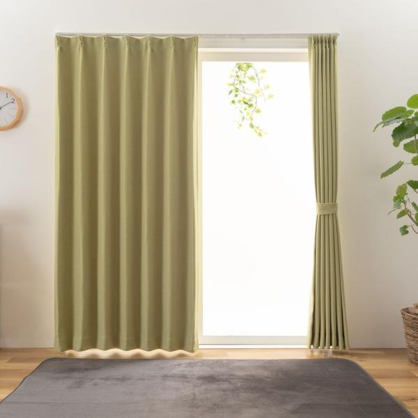 防炎カーテン ステイシー グリーン 幅100cm×丈215cm2枚  遮光カーテン 形状記憶加工 遮...