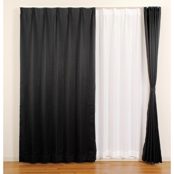 防炎カーテン 4枚セット（遮光カーテン2枚+レース2枚）ブラック べルーイ 幅100cm×丈135c...