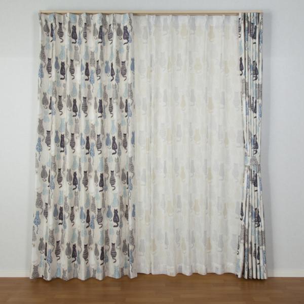 カーテン 4枚セット かわいい 猫柄 ドレープカーテン幅100cm×丈135cm2枚 ボイルレースカ...