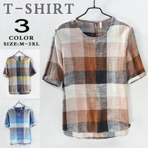 Tシャツ 半袖Tシャツ 綿麻Tシャツ メンズ カジュアル チ...