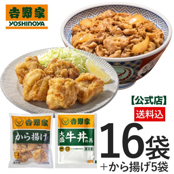 吉野家 公式 【冷凍】大盛牛丼16袋＋から揚げ5袋セット  冷凍食品 おかず 惣菜 唐揚げ 鶏肉 か...