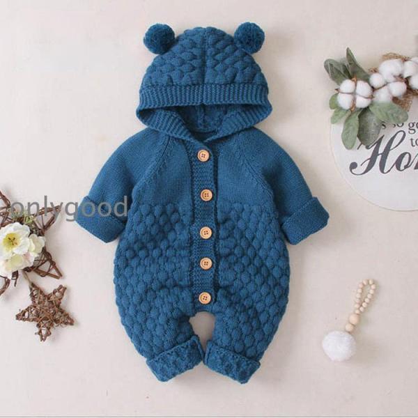 長袖 ロンパース 防寒着 つなぎ 秋冬　新生児 幼児 カバーオール 女の子 男の子 帽子付き ニット...