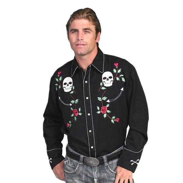ウエスタンシャツ スカル ローズ 刺繍 MEN'S D SLEEVE SKULL ROSES 長袖シ...