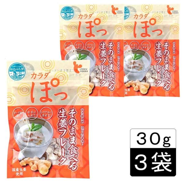 生姜フレーク ジンジャーフレーク カラダぽっ(チャック付き) 30g×3袋セット（旧：生姜でPo）イ...