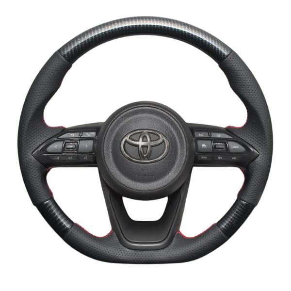 高品質の証ユーロステッチ採用 (カーボン調xレッドステッチ) 純正交換ガングリップステアリング シエ...