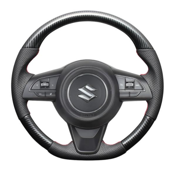 高品質の証ユーロステッチ採用 (カーボン調xレッドステッチ) 純正交換ガングリップステアリング ジム...