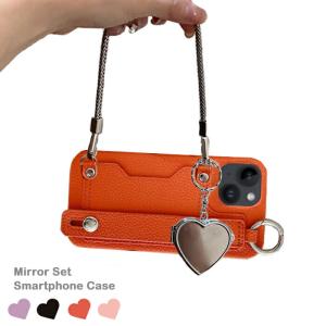 ミラー付き スマホケース iPhone14 カード収納 ベルト付き 背面型 落下防止 ハンドストラップ付き カラビナリング付き 鏡付き レディース
