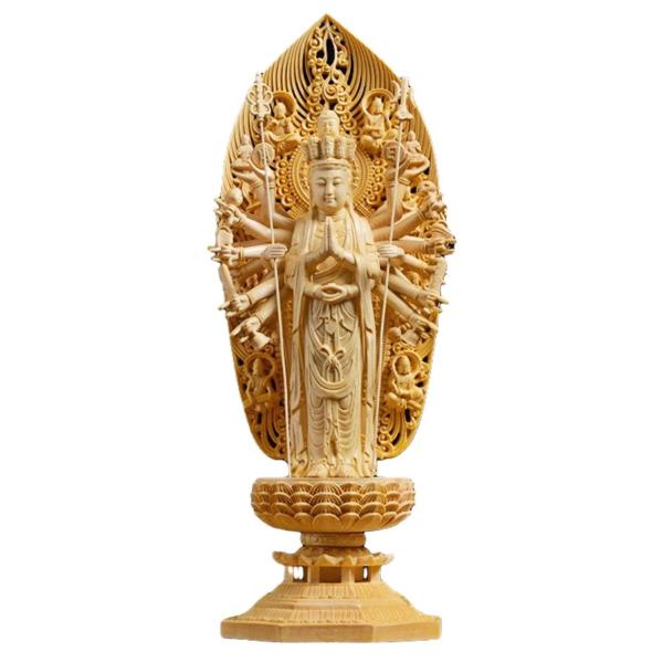 千手観音 仏像 観音像 木彫 檜 細工木彫 風水 開運 工芸品置物 家庭応接間置飾 (43*14.5...