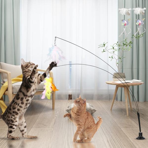 猫 おもちゃ ダブル吸盤式 自動 猫じゃらし 釣り竿式 猫おもちゃ プレミアムフェザー 鈴付き猫用玩...