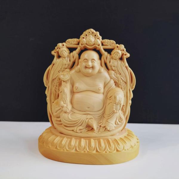 仏像木彫り布袋様 小さな 置物 柘植の木 両面彫刻 七福神 布袋 様 金運 お守り（高さ8cm×巾6...