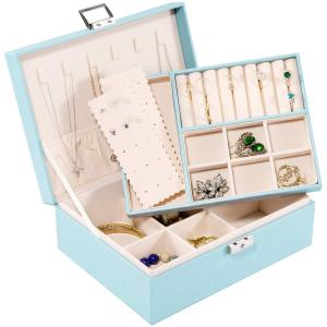 ジュエリーボックス 二層アクセサリーケース 宝石箱 ジュエリー収納 ピアス ネックレス収納 仕切り調整 鍵付き PUレザー ブルー