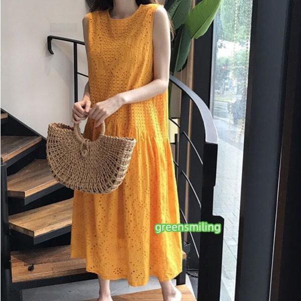 夏ワンピース 透かし リゾートワンピース ノースリーブ 夏ワンピ