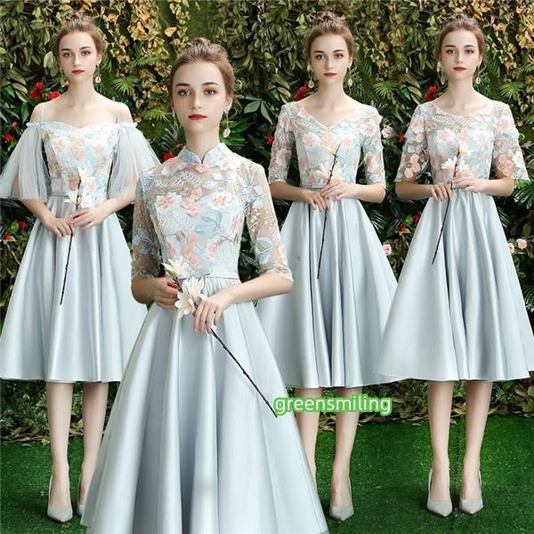 ブライズメイド ドレス ミモレドレス ミディアム パーティードレス グリーン 締め上げタイプ 袖あり...