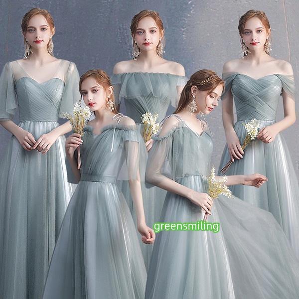 ブライズメイド ドレス ロング丈 二次会 6タイプ 袖あり Vネック オフショルダー フリル 肩出し...