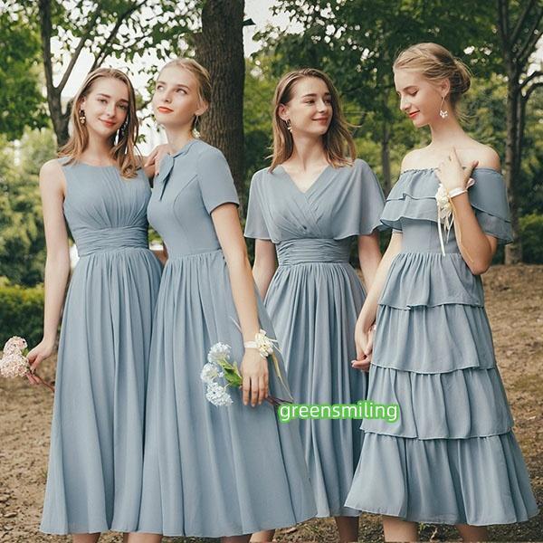 ブライズメイド ドレス ミモレ丈 二次会 4タイプ 袖あり Vネック オフショルダー フリル パーテ...