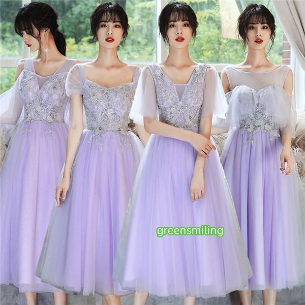 結婚式ワンピース パーティードレス ブライズメイドドレス パープル 編み上げタイプ 二次会 ドレス ...
