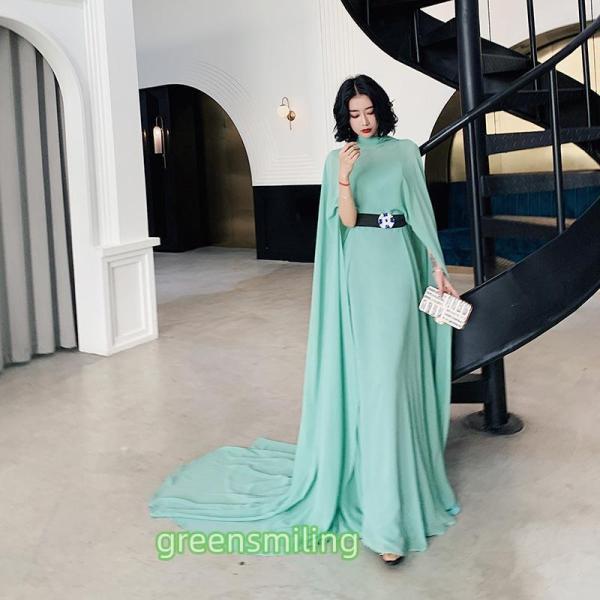 カラードレス ケープスリーブ マントドレス グリーン パーティードレス フォーマルドレス グリーン ...