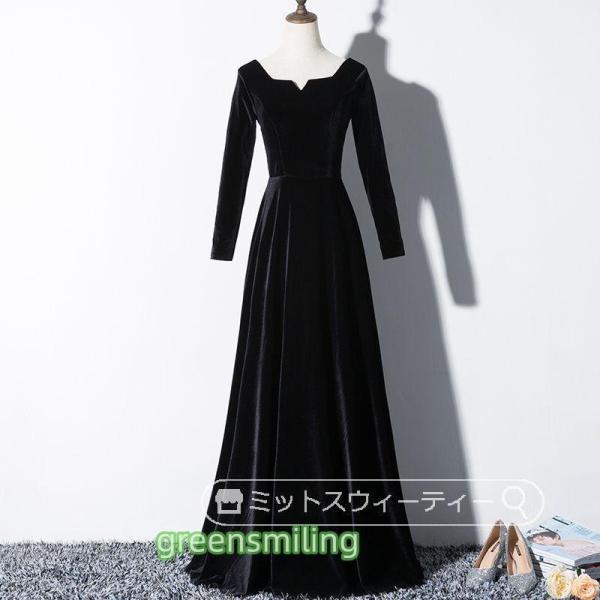 Aラインドレス カラードレス 舞台 声楽 黒 長袖 秋冬 ベルベット ロングドレス 演奏会 コンサー...