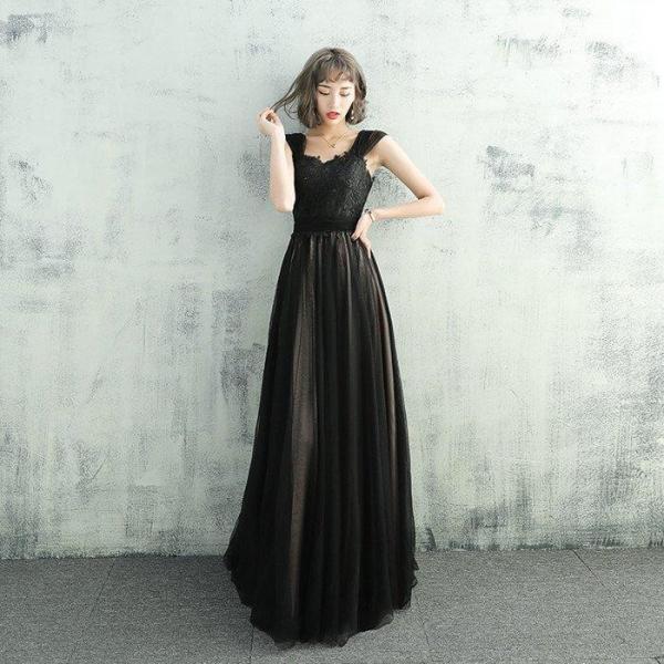 カラードレス 黒 演奏会用ドレス パーティードレス ウェディングドレス ロングドレス 発表会 結婚式...