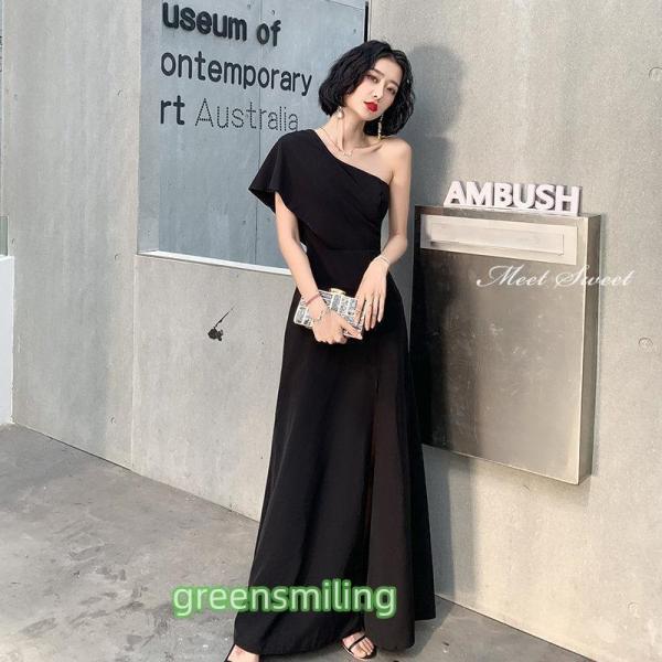 カラードレス ファスナー ブラック ワンショルダー パーティードレス フォーマル ロングドレス 結婚...