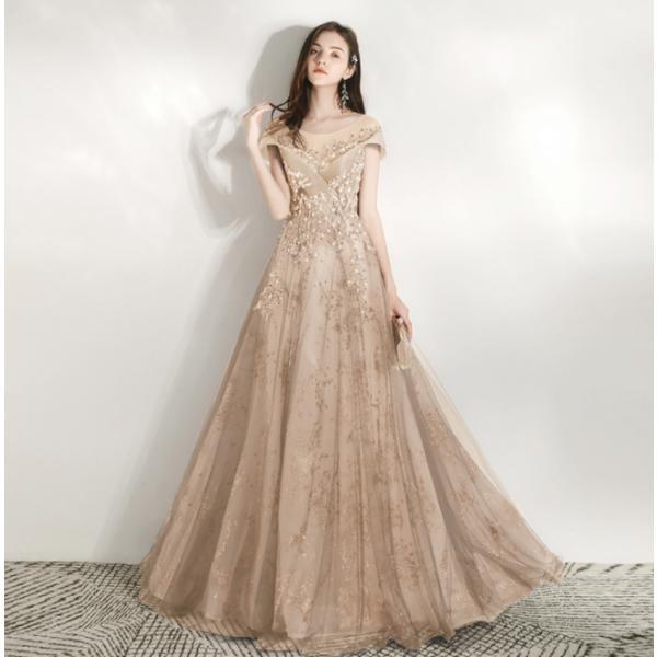 カラードレス ゴールド ロングドレス 安い サッシュベルト イブニングドレス コンサート 二次会 カ...