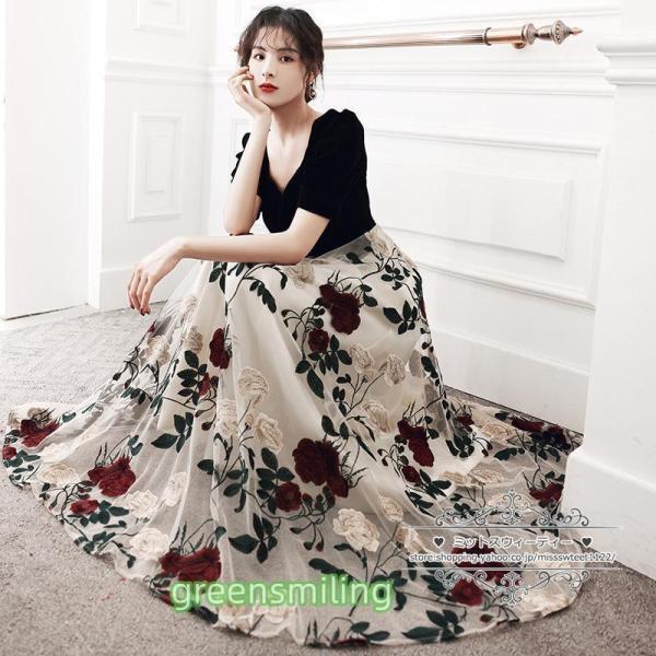 カラードレス カクテルドレス ロングドレス 花柄 ブラック パーティードレス フォマールドレス 発表...