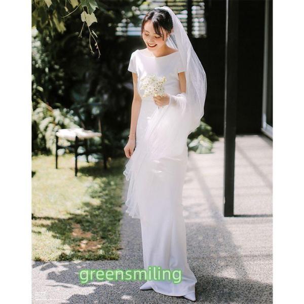 ウェディングドレス 二次会 結婚式 ブライダル ロングドレス 半袖 サテン 前撮り 挙式 花嫁 リゾ...