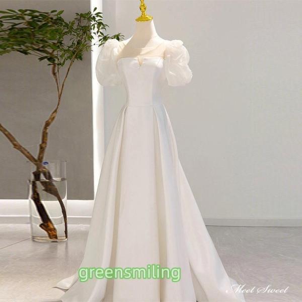 ウェディングドレス ロングドレス Aラインドレス パフスリーブ サテン 可愛い 二次会 結婚式 前撮...