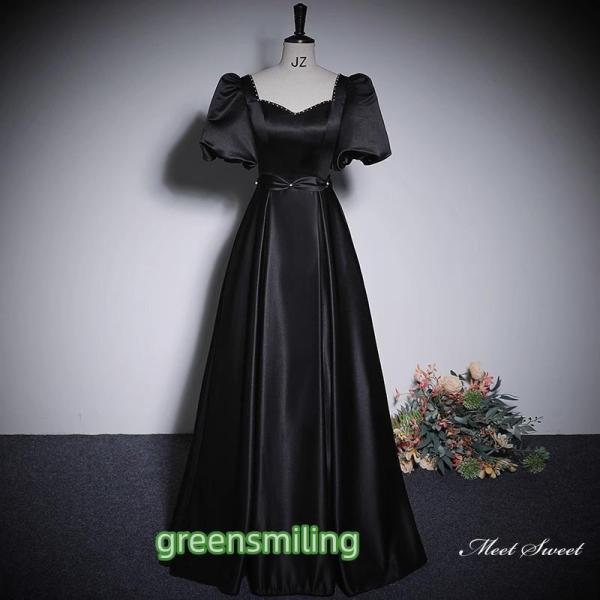 カラードレス ロングドレス パーティードレス ブラック パフスリーブ 半袖 ウェディングドレス ウエ...