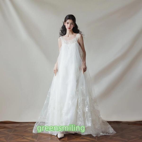 ウェディングドレス ロングドレス Aラインドレス ノースリーブ ふわふわ 二次会 結婚式 前撮り 花...