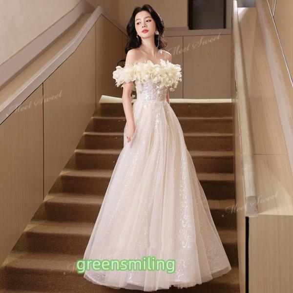 カラードレス ウェディングドレス シャンパン ベージュ オフショルダー フラワー ウエディングドレス...