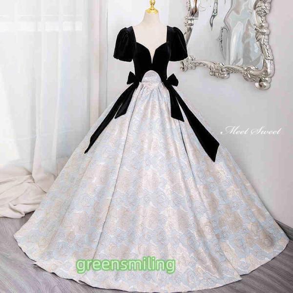 カラードレス ステージドレス グレー サテン 花柄 半袖 成人式 ウェディングドレス ロングドレス ...