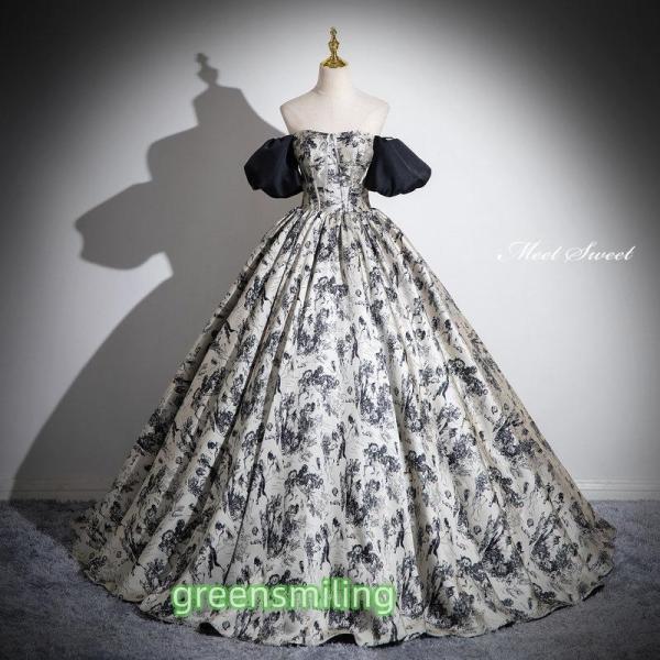 カラードレス プリンセスライン ロングドレス グレー 花柄 オフショルダー 袖あり ウェディングドレ...