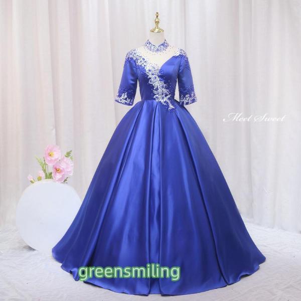 カラードレス プリンセスライン ロイヤルブルー 袖あり ビーズ 青 ロングドレス ウェディングドレス...