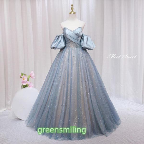 カラードレス プリンセスライン ブルー ベアトップ 袖付き キラキラ ロングドレス ウェディングドレ...