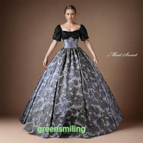 カラードレス プリンセスライン グレー 半袖 花柄 編み上げ 切替 ロングドレス ウェディングドレス...