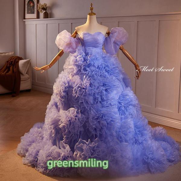 カラードレス プリンセスライン パープル 紫 フリル 袖付き ロングドレス ウェディングドレス ウエ...