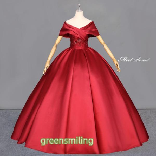 カラードレス プリンセスライン ロングドレス レッド 赤 サテン オフショルダー ウェディングドレス...