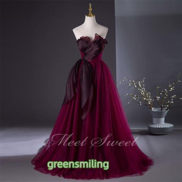 カラードレス プリンセスライン ワインレッド ベアトップ ビスチェ ロングドレス ウェディングドレス...