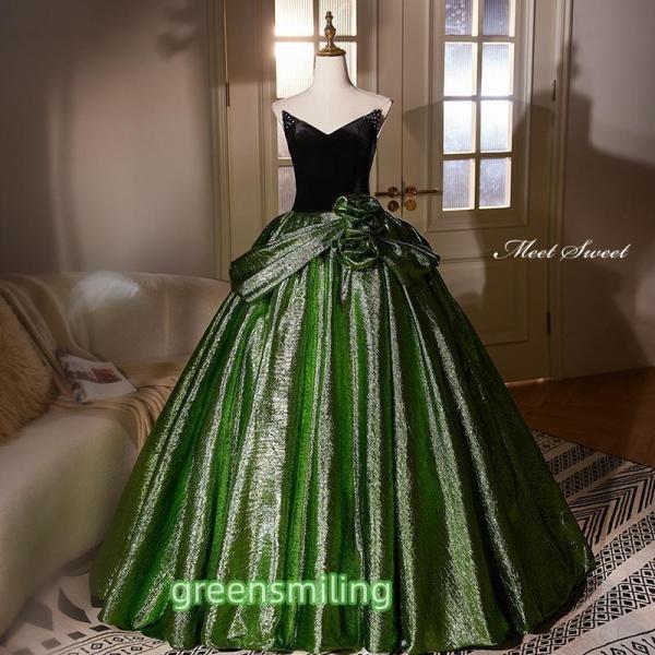 カラードレス プリンセスライン グリーン 緑 ベアトップ ビスチェ ロングドレス ウェディングドレス...