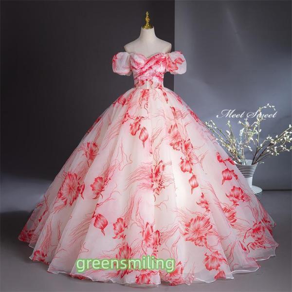 カラードレス プリンセスライン レッド 花柄 袖付き ロングドレス ウェディングドレス 結婚式 二次...