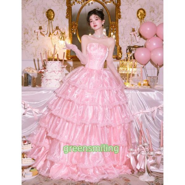 カラードレス ピンク ベアトップ ウェディングドレス 結婚式 二次会 大正昭和 フリル レース ウエ...