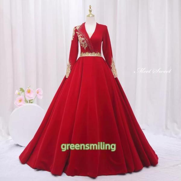 カラードレス プリンセスライン レッド ベルベット 長袖 刺繍 赤 ロングドレス ウェディングドレス...