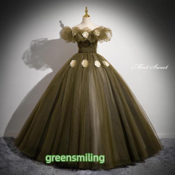 カラードレス プリンセスライン ロングドレス カーキグリーン オフショルダー 花 ウェディングドレス...
