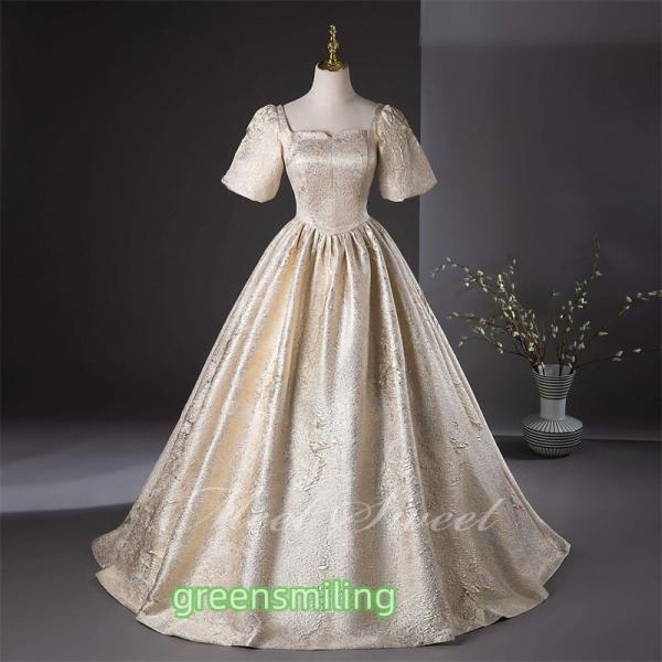 カラードレス プリンセスライン シャンパン パフスリーブ 半袖 ロングドレス ウェディングドレス 結...