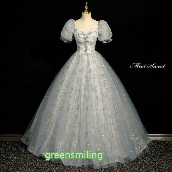 カラードレス プリンセスライン ブルー パフスリーブ キラキラ ロングドレス ウェディングドレス 結...